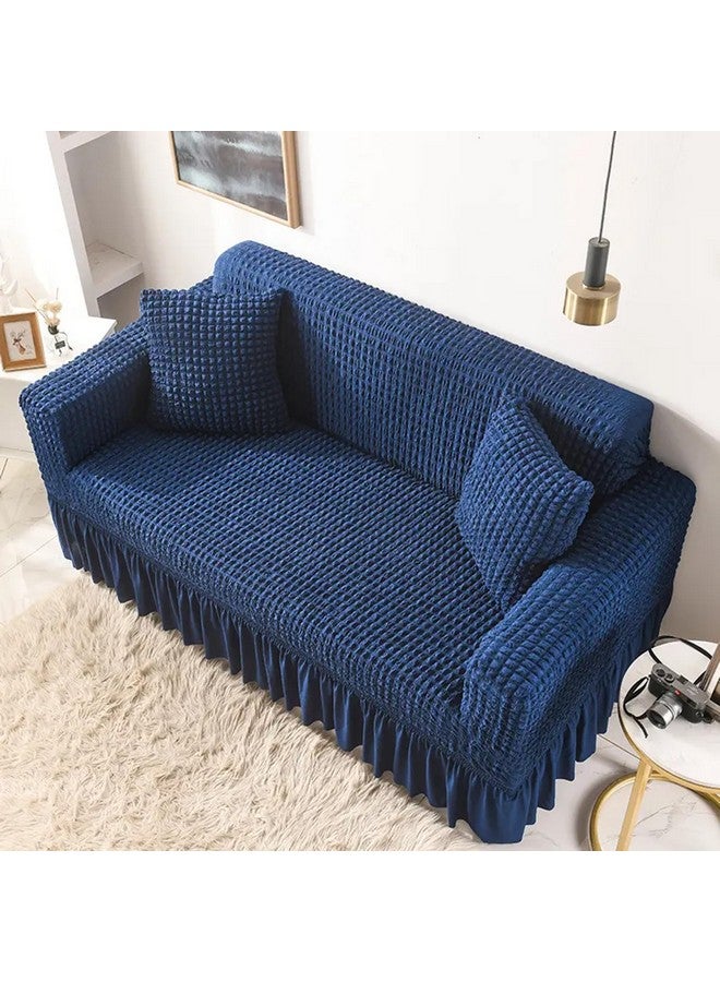 Lukzer 320 GSM Stretchable 2 Seater Turkish Sofa Cover Universal Couch Protector Bubble Fabric with Frill Universal Big Elasticity Slipcover (Navy Blue/SC-102-02/130-160cm) - Image 2