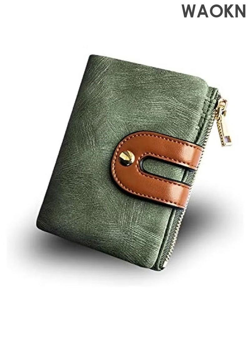 دبليو أيه أو كي أن محفظة جلدية صغيرة قابلة للطي للرجال والنساء - محفظة رفيعة مزودة بخاصية حجب RFID مع جيب للعملات المعدنية بسحاب ونافذة لبطاقة الهوية - حامل بطاقات ائتمان للنقود - محفظة جيب أمامي صغيرة الحجم وبسيطة (أخضر) - Image 1