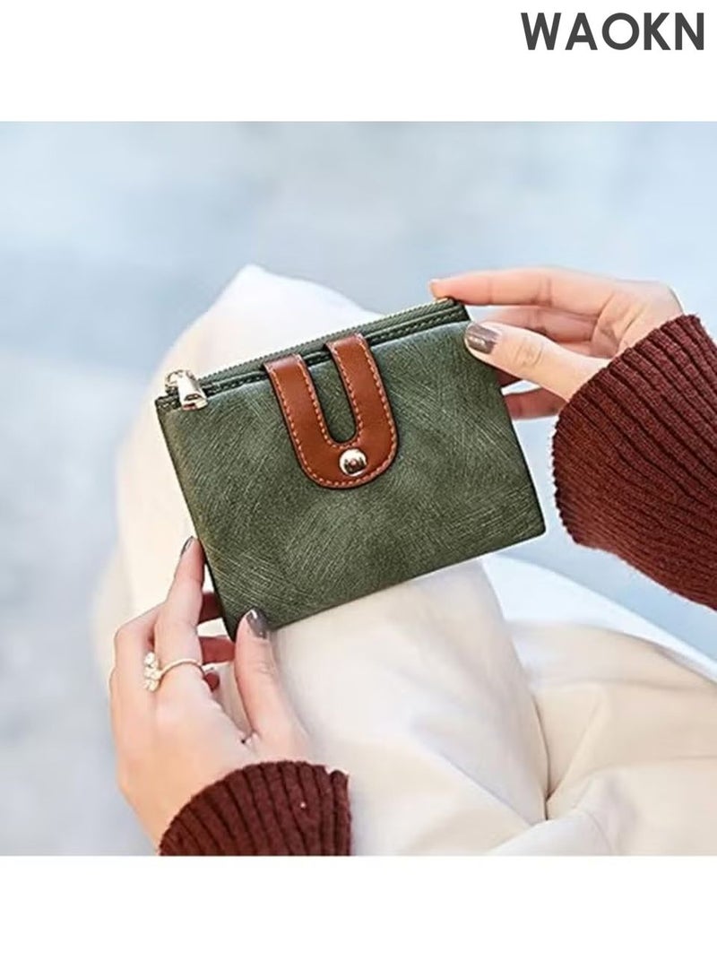 دبليو أيه أو كي أن محفظة جلدية صغيرة قابلة للطي للرجال والنساء - محفظة رفيعة مزودة بخاصية حجب RFID مع جيب للعملات المعدنية بسحاب ونافذة لبطاقة الهوية - حامل بطاقات ائتمان للنقود - محفظة جيب أمامي صغيرة الحجم وبسيطة (أخضر) - Image 2