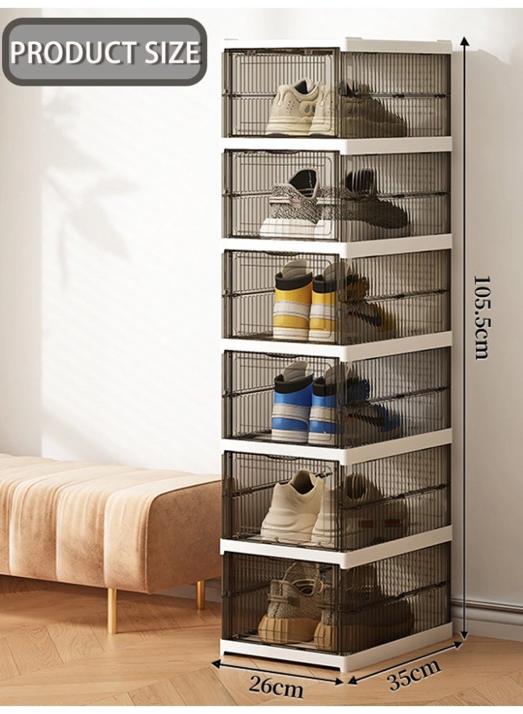 WOLFATION FOR YOU 6 Tier Foldable Shoe Storage Boxes – Stackable Collapsible Clear Plastic Shoebox Organizers with Thickened ABS Construction, Translucent Gray Visible Design, Space Saving Sneaker Container for Closet, Multi-Functional for Toys, Books & Tools - Image 2