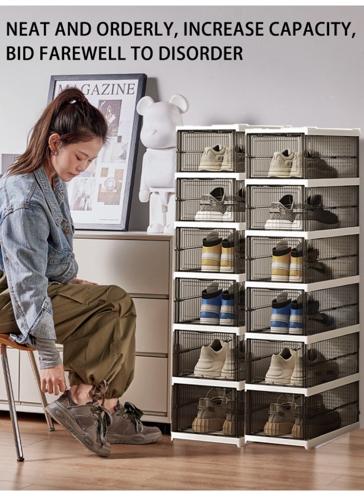 WOLFATION FOR YOU 6 Tier Foldable Shoe Storage Boxes – Stackable Collapsible Clear Plastic Shoebox Organizers with Thickened ABS Construction, Translucent Gray Visible Design, Space Saving Sneaker Container for Closet, Multi-Functional for Toys, Books & Tools - Image 3