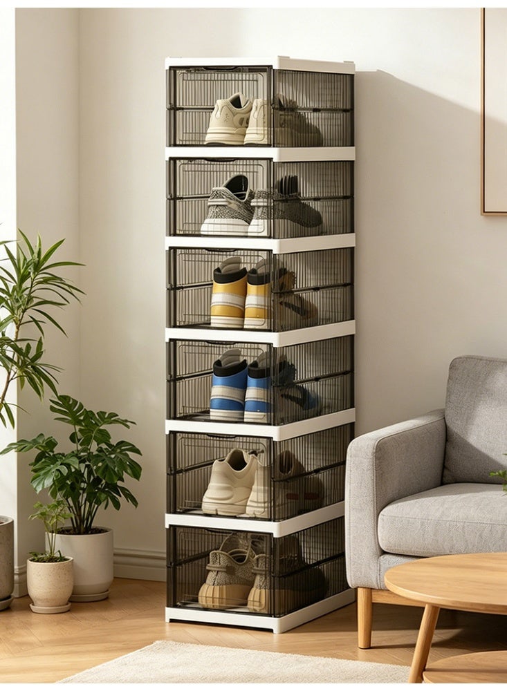 WOLFATION FOR YOU 6 Tier Foldable Shoe Storage Boxes – Stackable Collapsible Clear Plastic Shoebox Organizers with Thickened ABS Construction, Translucent Gray Visible Design, Space Saving Sneaker Container for Closet, Multi-Functional for Toys, Books & Tools - Image 1