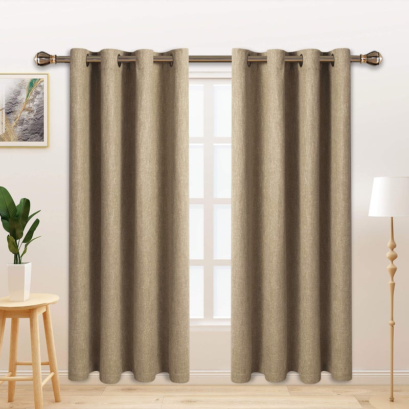 LORDTEX Linen Look Textured Blackout Curtains with Thermal Insulated Liner  Heavy Thick Grommet Window Drapes for Bedroom 50 x 63 Inches Tan Set of 2 Panels