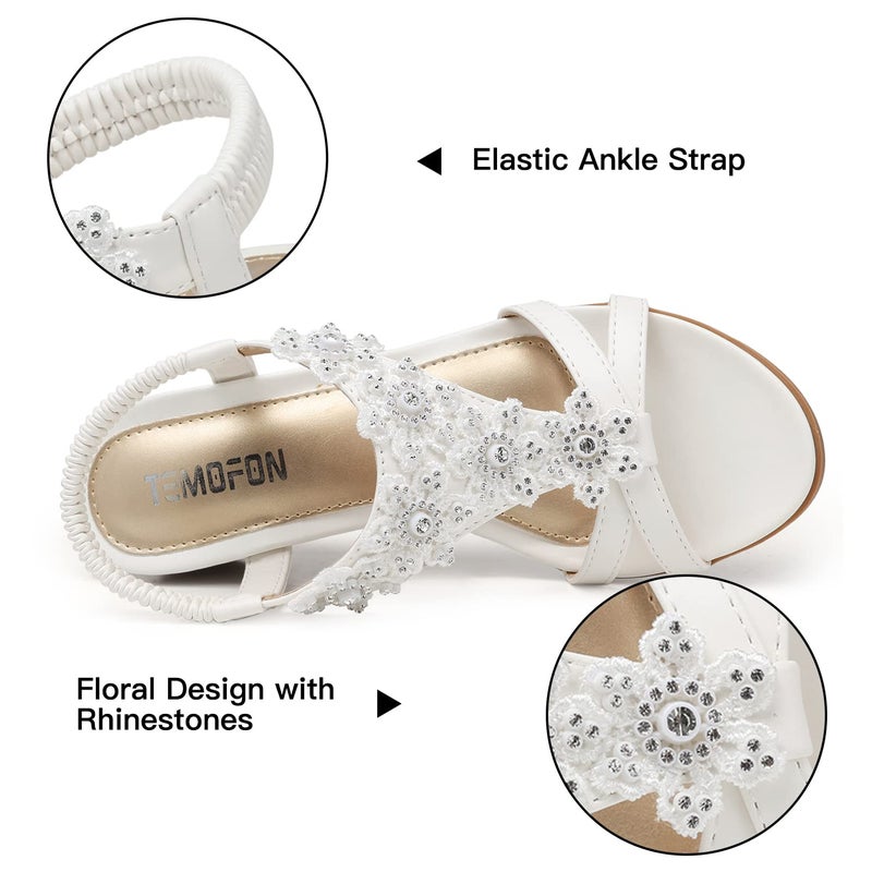 TEMOFON Women's Low Wedge Heels Summer Dressy Platform Sandals Elastic Ankle Strap Open Toe Flower Shoes White Size 8 - Image 4