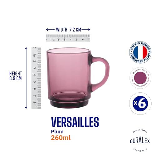 Duralex® Versailles Plum (Purple) Tempered Glass Mugs | 260ml Set of 6 | Ultra-Resistant, Stackable Coffee & Tea Mugs | Microwave & Dishwasher Safe | Giftable Mug Set - Image 4