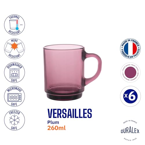 Duralex® Versailles Plum (Purple) Tempered Glass Mugs | 260ml Set of 6 | Ultra-Resistant, Stackable Coffee & Tea Mugs | Microwave & Dishwasher Safe | Giftable Mug Set - Image 5