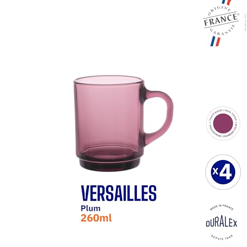 Duralex® Versailles Plum (Purple) Tempered Glass Mugs | 260ml Set of 6 | Ultra-Resistant, Stackable Coffee & Tea Mugs | Microwave & Dishwasher Safe | Giftable Mug Set - Image 2