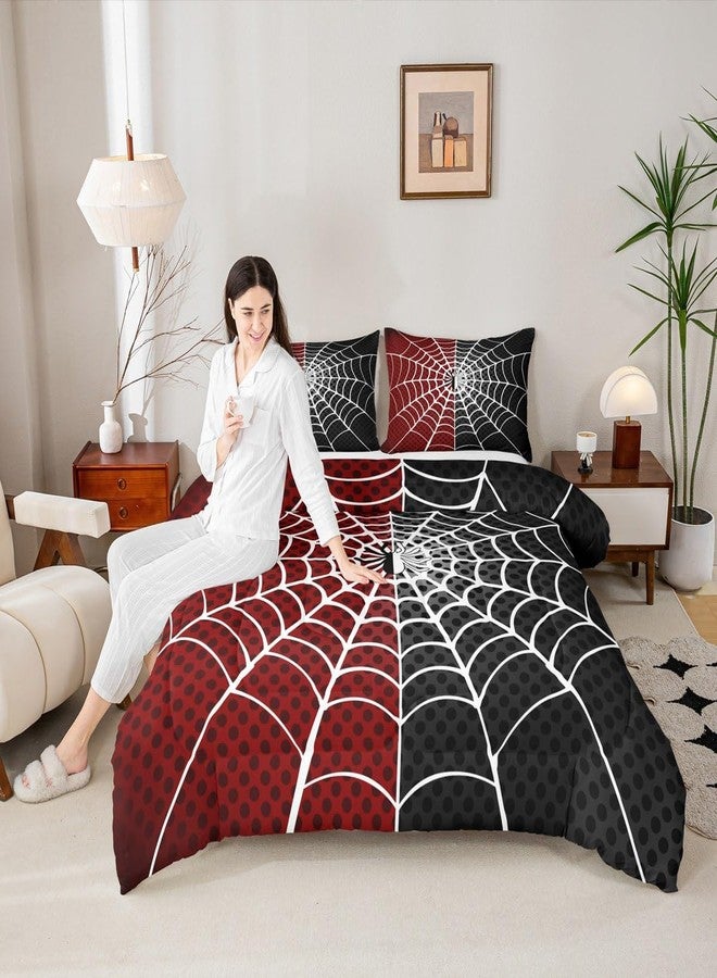 Man Fei Manfei Spider Kids Comforter Set Queen Size, White Spider Web Black Dots Bedding Set for Boys Teens Adults Bedroom Decor, Red and Black Down Comforter, Soft Polyester Quilt Set, 2 Pillowcases - Image 2
