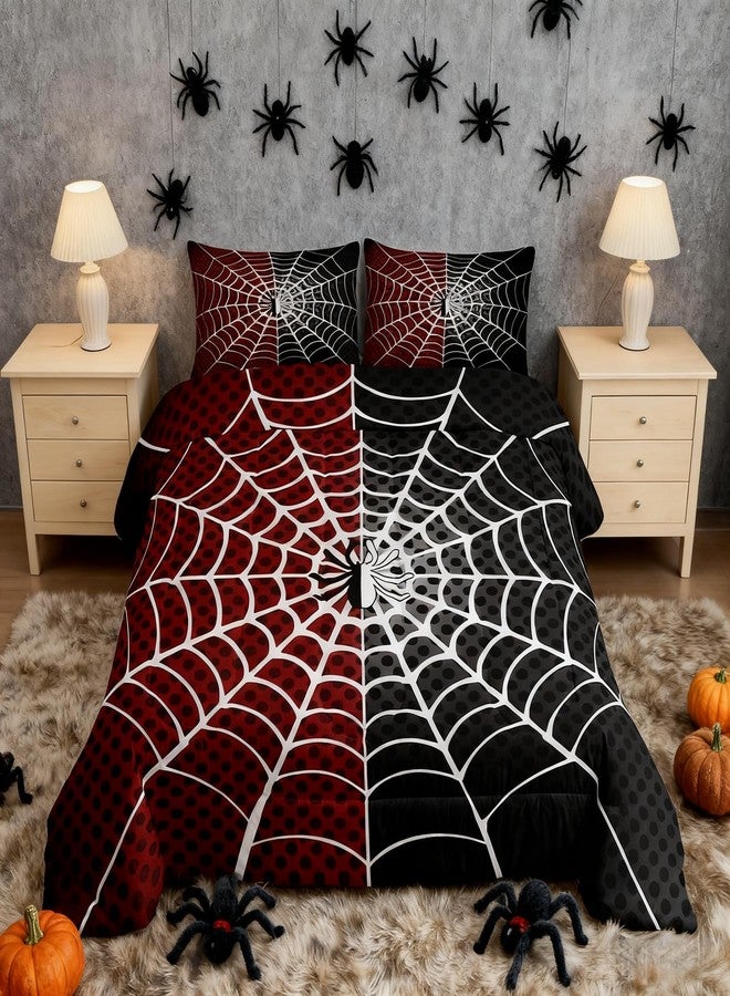 Man Fei Manfei Spider Kids Comforter Set Queen Size, White Spider Web Black Dots Bedding Set for Boys Teens Adults Bedroom Decor, Red and Black Down Comforter, Soft Polyester Quilt Set, 2 Pillowcases - Image 1