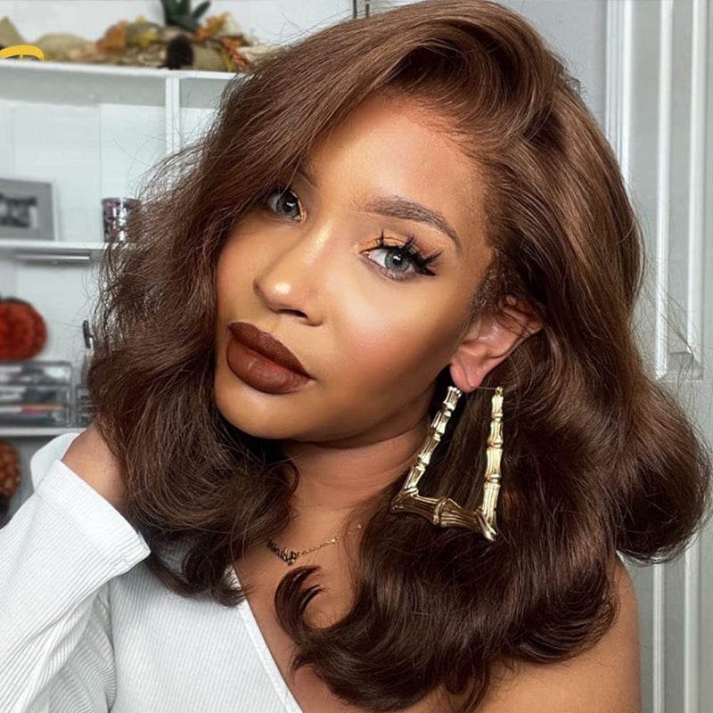 ANDRIA 13X4 HD Lace Front Wigs Pre-Plucked Hairline 16 Inches Body Wave Chocolate Glueless Lace Frontal Wigs with Baby Hair Short Bob Wig 200% Density Loose Wave Short Curly Lace Closure Wig - Image 2