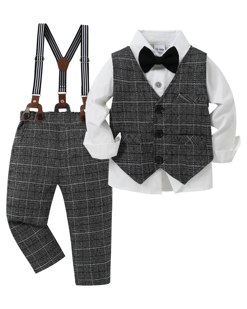 YUEMION Toddler Baby Boy Clothes Suits Gentleman Dress Shirt+Bowtie+Vest+Suspender Pants Boy Formal Wedding Outfits Set (White and Grey Grid,18-24 Months) - Image 1