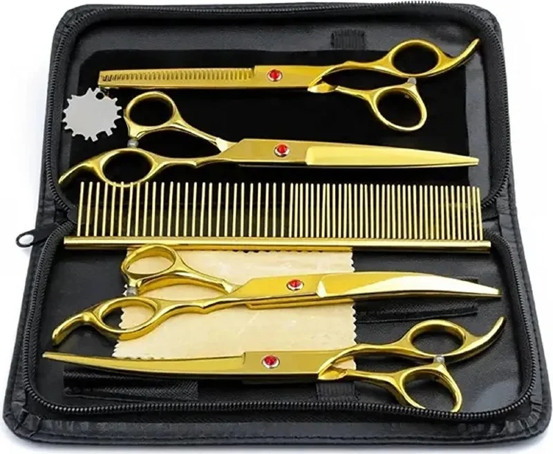 Valkyrie 8 Piece 7.0 Inch 18 cm Gold Pet Shop Pet Cat Dog Shaving Hairdressing Scissors Set with Leather Bag