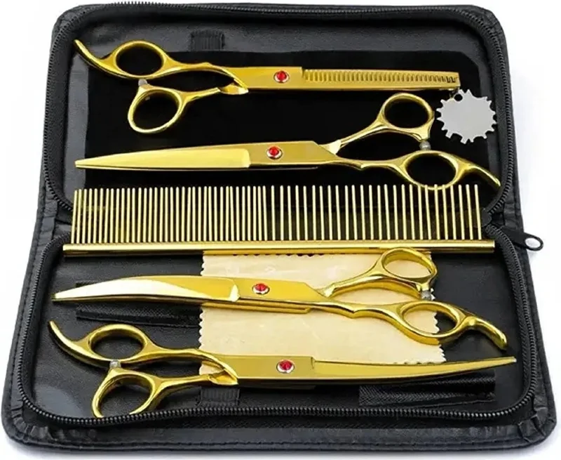 Valkyrie 8 Piece 7.0 Inch 18 cm Gold Pet Shop Pet Cat Dog Shaving Hairdressing Scissors Set with Leather Bag