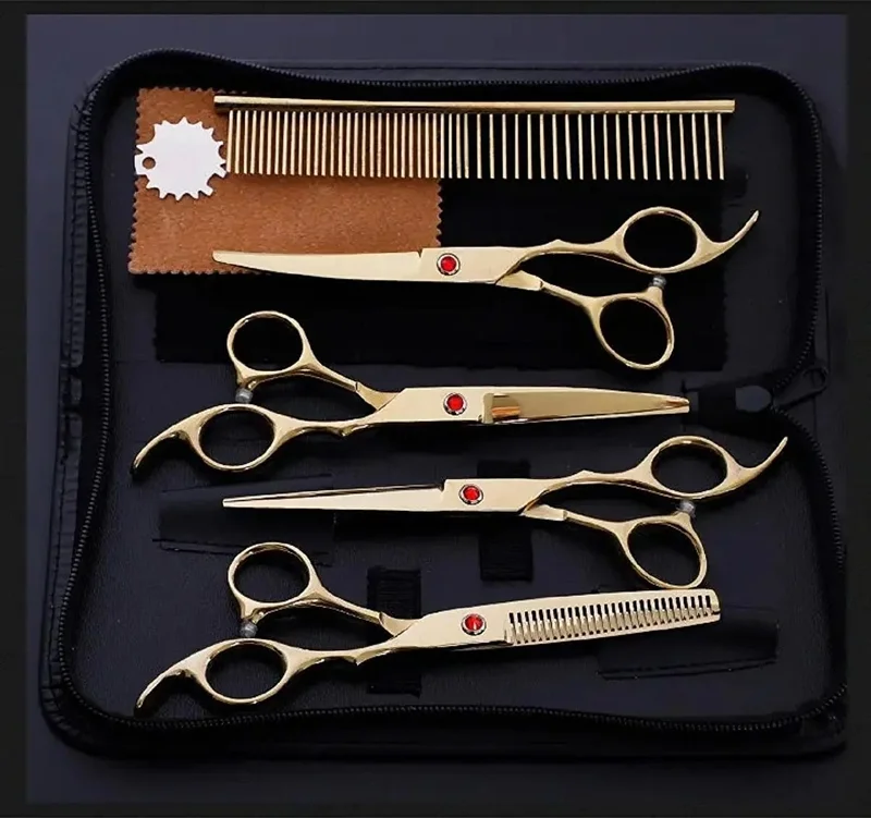 Valkyrie 8 Piece 7.0 Inch 18 cm Gold Pet Shop Pet Cat Dog Shaving Hairdressing Scissors Set with Leather Bag