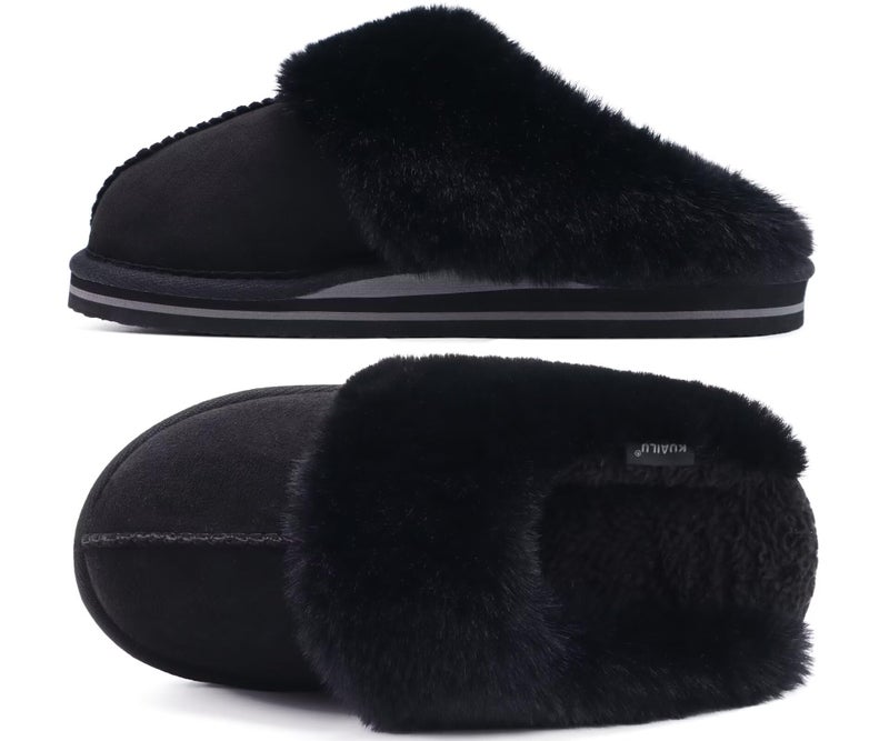 KuaiLu Womens Cozy Memory Foam Slippers Ladies Fuzzy Faux Fur Lined Warm Arch Support House Shoes Slip on Comfy Winter Scuff Indoor Outdoor Rubber Hard Sole Orthotic Plush Bedroom Dark Black Size 7 - Image 2