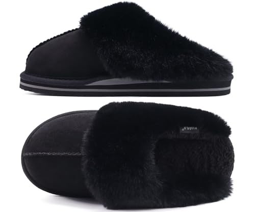 KuaiLu Womens Cozy Memory Foam Slippers Ladies Fuzzy Faux Fur Lined Warm Arch Support House Shoes Slip on Comfy Winter Scuff Indoor Outdoor Rubber Hard Sole Orthotic Plush Bedroom Dark Black Size 7 - Image 1