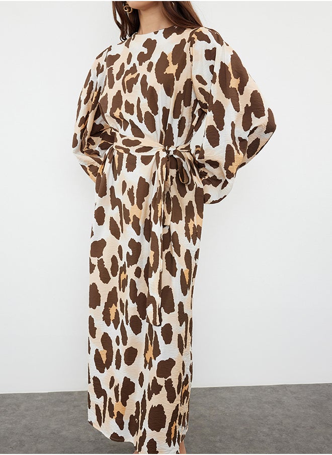 trendyol Brown Leopard Patterned Balloon Sleeve Woven Dress TCTSS24EB00270  - Image 3
