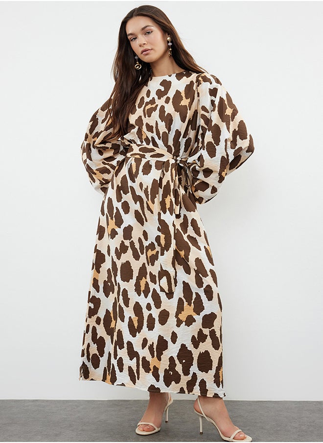 trendyol Brown Leopard Patterned Balloon Sleeve Woven Dress TCTSS24EB00270  - Image 2