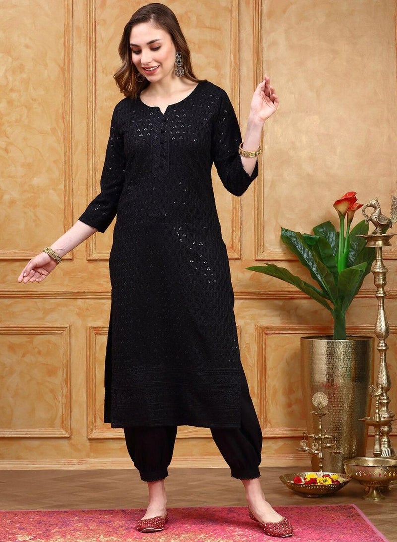 ISHIN Regular Fit Three-Quarter Sleeve Printed Black Viscose Woven Kurta Set For Women Flat Collar Perfect For Wedding And Engagement Pull On Closure - Image 1