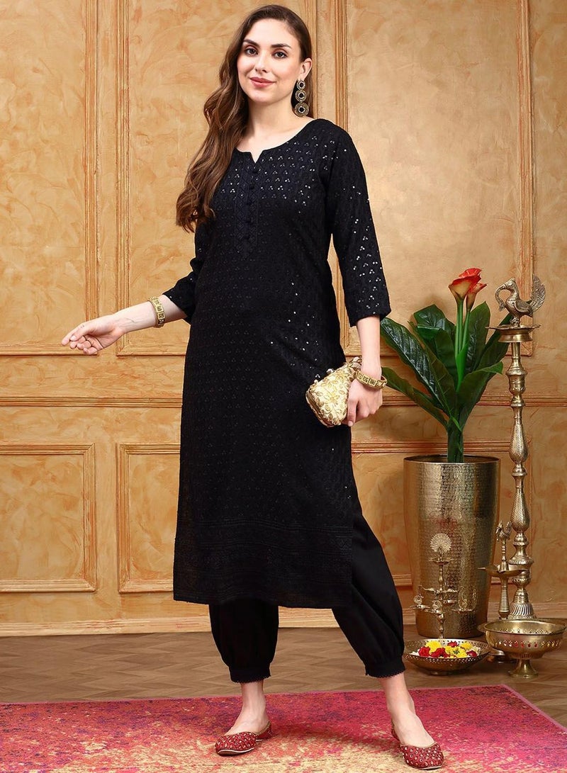 ISHIN Regular Fit Three-Quarter Sleeve Printed Black Viscose Woven Kurta Set For Women Flat Collar Perfect For Wedding And Engagement Pull On Closure - Image 5