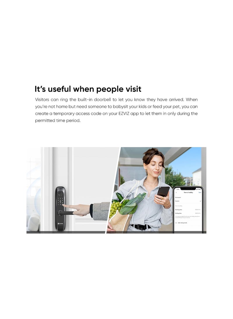 EZVIZ - EZVIZ L2S Smart Fingerprint Lock, Keyless Lock with Four Unlocking Ways, Real-time Mobile Alerts, Built-in Electronic Doorbell, Tamper Proof Alarm, Low Battery Warning, Easy User Management - Image 1