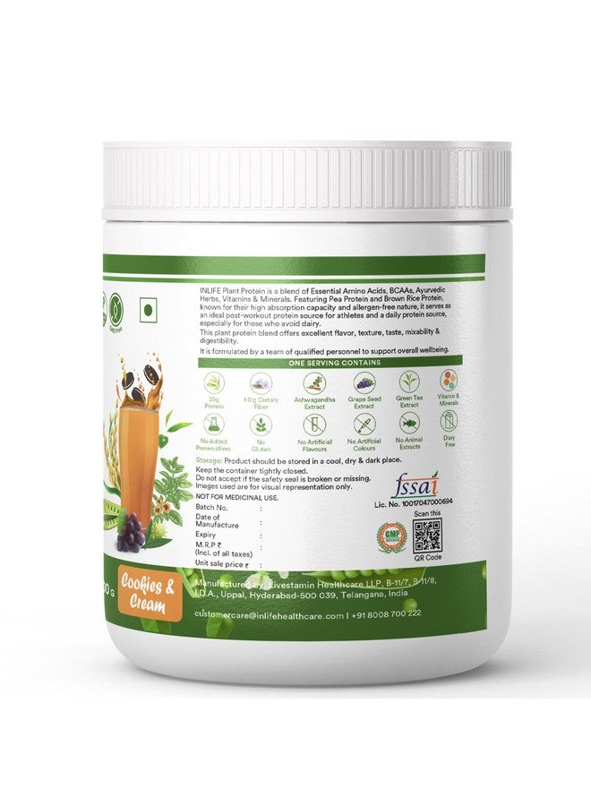 INLIFE Plant Protein Powder - Pea, Quinoa & Brown Rice - 25g Protein - Ashwagandha, Green Tea & Grape Seed Extract - Digestive Enzymes Bodybuilding Supplement (500 g, Cookies & Cream) - Image 2