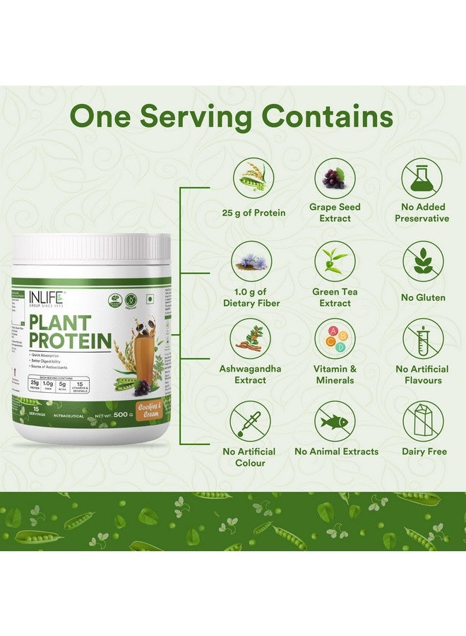 INLIFE Plant Protein Powder - Pea, Quinoa & Brown Rice - 25g Protein - Ashwagandha, Green Tea & Grape Seed Extract - Digestive Enzymes Bodybuilding Supplement (500 g, Cookies & Cream) - Image 5
