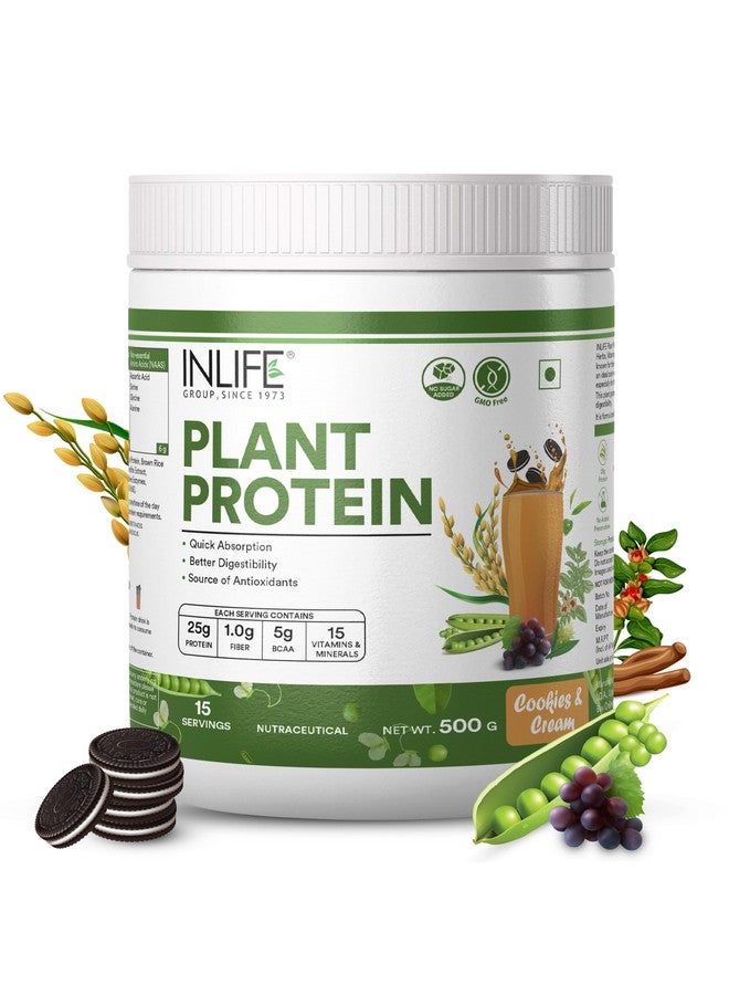 INLIFE Plant Protein Powder - Pea, Quinoa & Brown Rice - 25g Protein - Ashwagandha, Green Tea & Grape Seed Extract - Digestive Enzymes Bodybuilding Supplement (500 g, Cookies & Cream) - Image 1