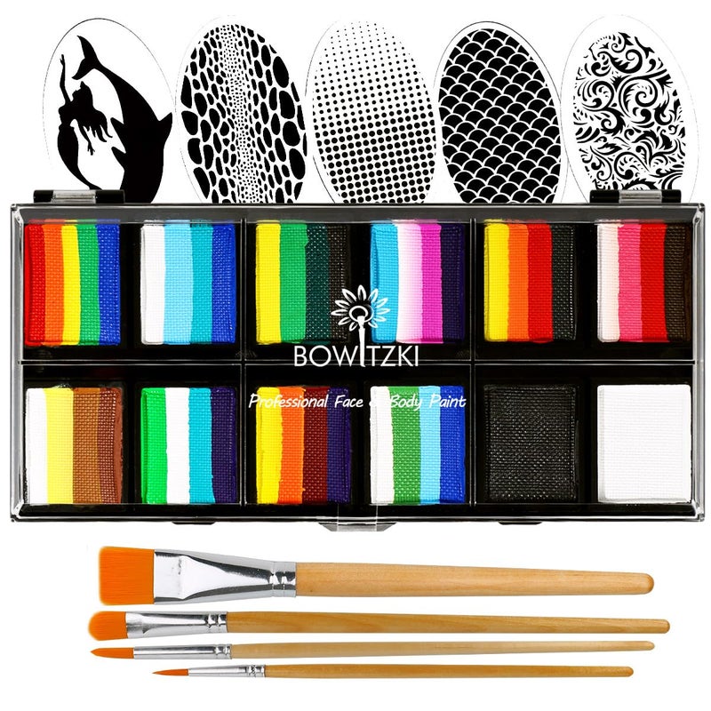 Bowitzki Face Paint Kit Professional Split Cake Face Painting Set For Kids Adults 12x10 gm with Stencil One Stroke Non Toxic Rainbow Flora Dolphin Unicorn Flame Body Paint Halloween Christmas Makeup - Image 1