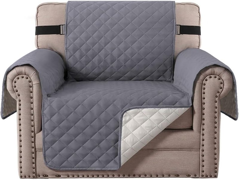 Loome Reversible Quilted Sofa Cover, Water Resistant Slipcover Furniture Protector, Washable Couch Cover with Non Slip Foam and Elastic Straps for Kids, Dogs, Pets, Grey,1 Seater - Image 1