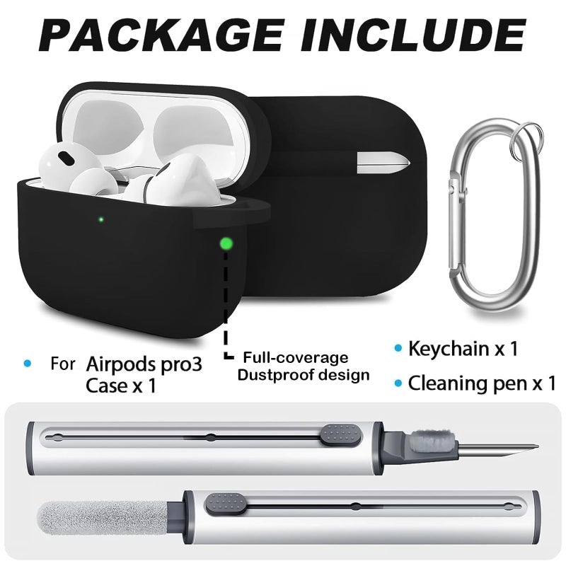 Woyinger Full-Coverage dustproof Design for AirPods Pro 3 Case Cover with Cleaner Kit, Soft Silicone Cover for AirPods Pro 3rd Generation Comes with Keychain,Suitable for 3rd Generation Case,Black - Image 2