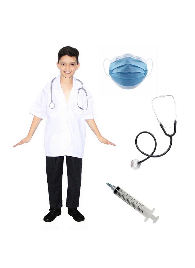 Kaku Fancy Dresses Kaku Fancy Dresses Polyester Our Community Helper Doctor Costume For Kids|Doctor Coat With Stethoscope, Facemask & Toy Injection|Doctor Dress For Boys & Girls - 7-8 Years,white  - Image 1
