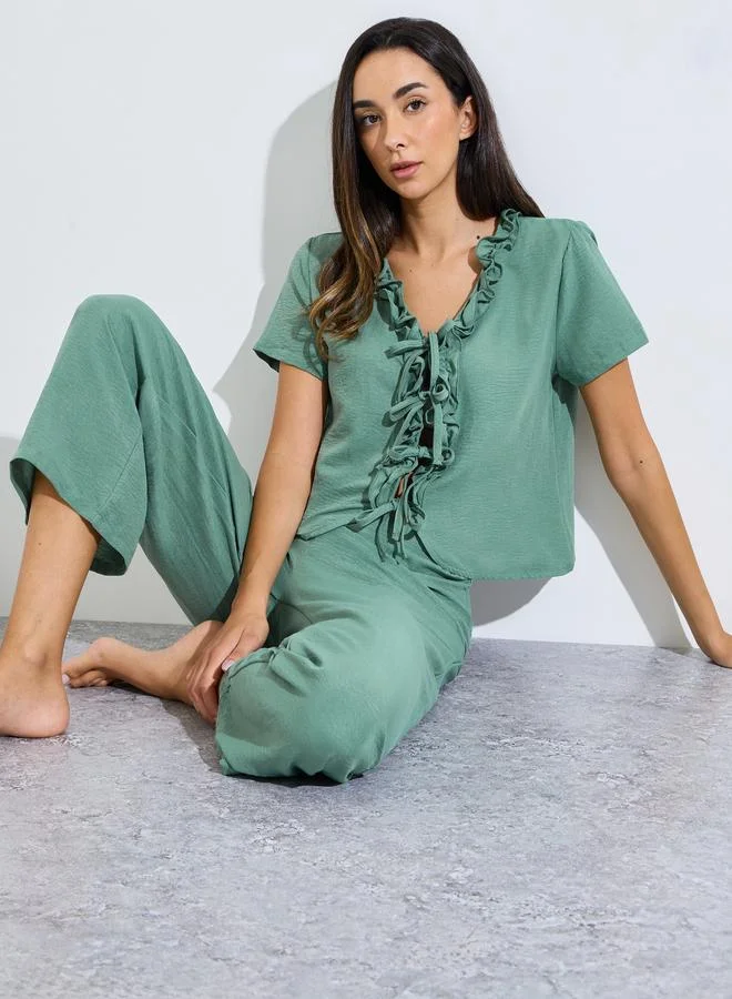 ستايلي Green Tie-Up Detail Ruffled Top and Pants Pyjama Set