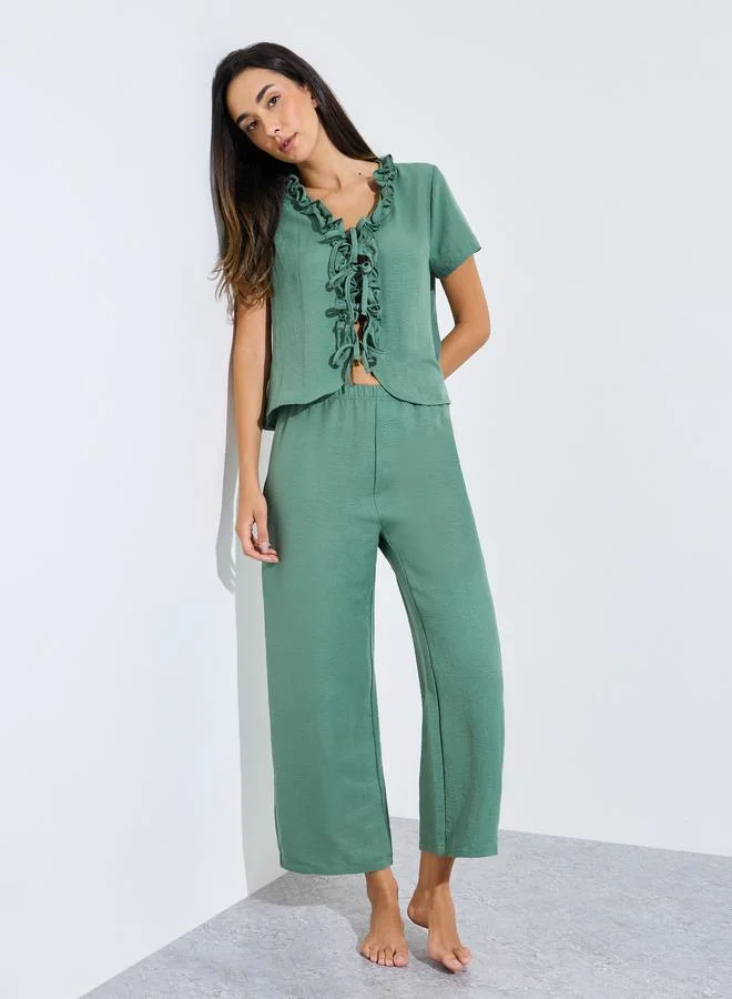 ستايلي Green Tie-Up Detail Ruffled Top and Pants Pyjama Set