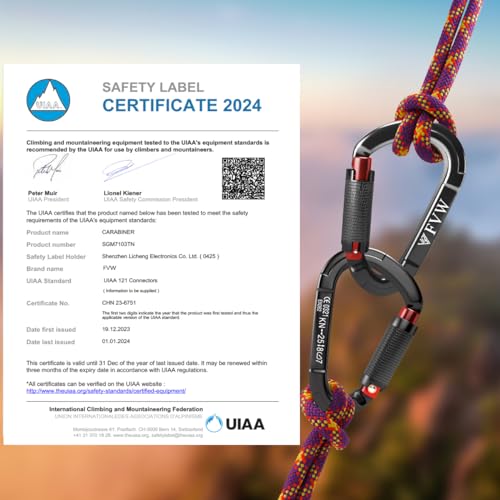 FVW Auto Locking Rock Climbing Carabiner Clips, UIAA Certified Professional 25KN (5620 lbs) Heavy Duty Caribeaners for Rappelling Swing Rescue & Gym etc, Large D-Shaped Carabiners, (Black) 5 Pack - Image 5