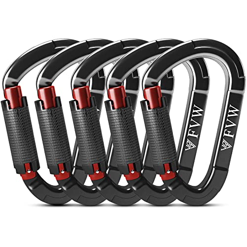 FVW Auto Locking Rock Climbing Carabiner Clips, UIAA Certified Professional 25KN (5620 lbs) Heavy Duty Caribeaners for Rappelling Swing Rescue & Gym etc, Large D-Shaped Carabiners, (Black) 5 Pack - Image 1
