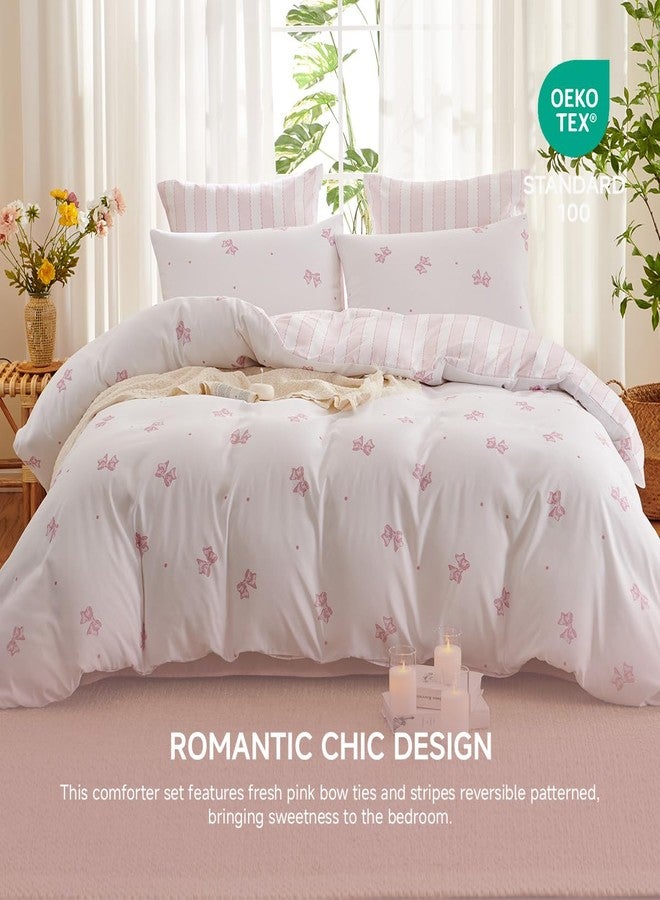 Erwinmu Girls Comforter Set Twin Size,2 Pieces Pink Bow Ties Comforter Bedding Sets Reversible Pattern Back to School for Girls Kids,Chic Bowknot with Stripes Comforter and 1 Pillowcase - Image 3