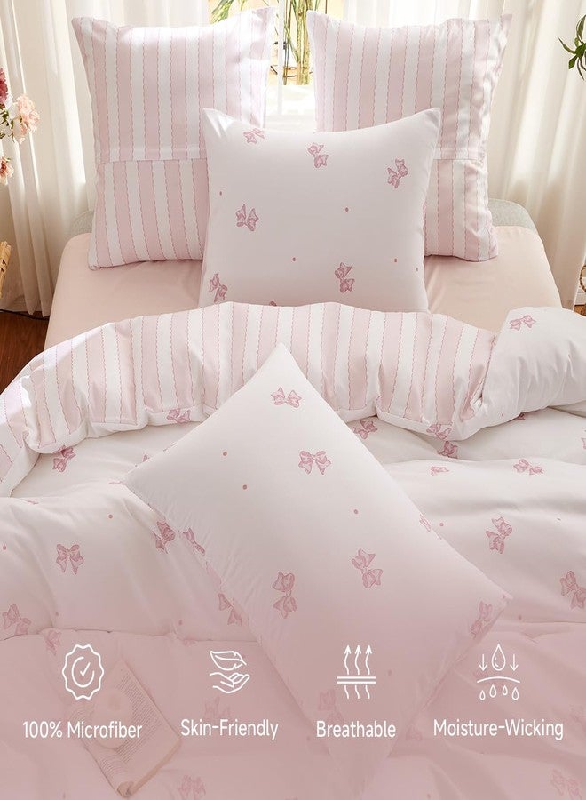 Erwinmu Girls Comforter Set Twin Size,2 Pieces Pink Bow Ties Comforter Bedding Sets Reversible Pattern Back to School for Girls Kids,Chic Bowknot with Stripes Comforter and 1 Pillowcase - Image 2