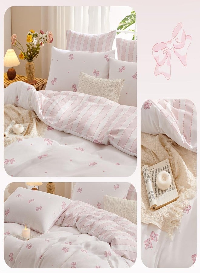 Erwinmu Girls Comforter Set Twin Size,2 Pieces Pink Bow Ties Comforter Bedding Sets Reversible Pattern Back to School for Girls Kids,Chic Bowknot with Stripes Comforter and 1 Pillowcase - Image 5