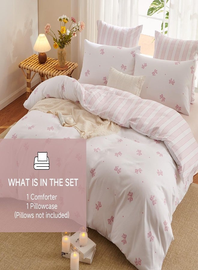 Erwinmu Girls Comforter Set Twin Size,2 Pieces Pink Bow Ties Comforter Bedding Sets Reversible Pattern Back to School for Girls Kids,Chic Bowknot with Stripes Comforter and 1 Pillowcase - Image 4