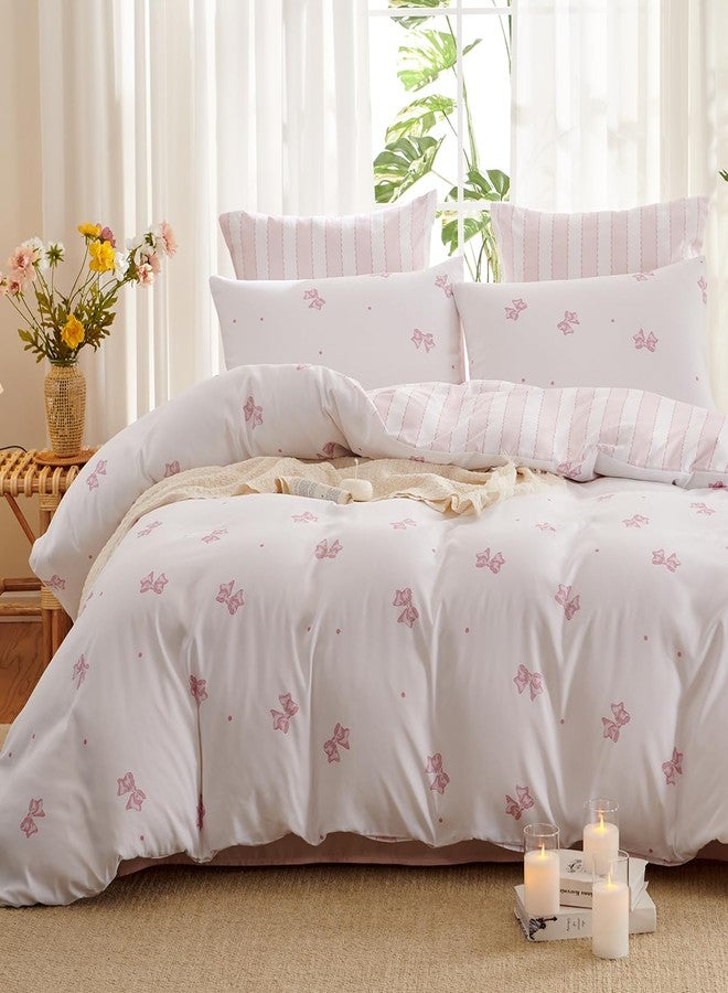 Erwinmu Girls Comforter Set Twin Size,2 Pieces Pink Bow Ties Comforter Bedding Sets Reversible Pattern Back to School for Girls Kids,Chic Bowknot with Stripes Comforter and 1 Pillowcase - Image 1