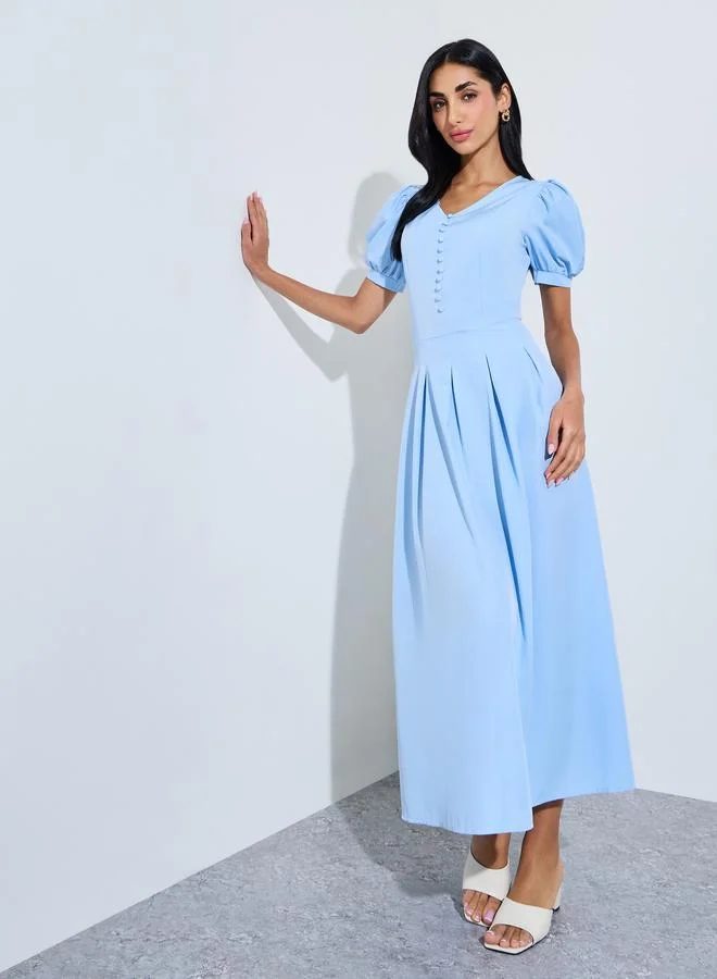 ستايلي Blue Solid Puff Sleeves A-Line Maxi Dress
