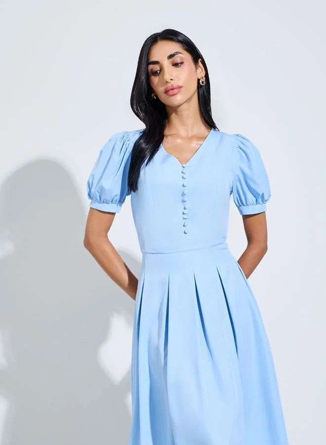 ستايلي Blue Solid Puff Sleeves A-Line Maxi Dress