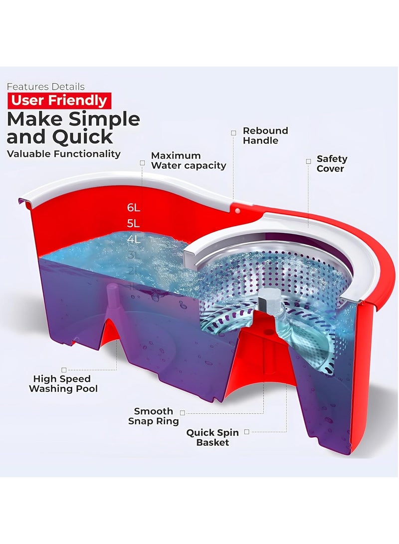 مخطوطات ممسحة تنظيف الأرضيات، ممسحة دوارة من الفولاذ المقاوم للصدأ مع دلو، عصر يدوي بدون استخدام اليدين، مقبض تلسكوبي، رأس ممسحة دوار 360 درجة، عبوات قابلة لإعادة الاستخدام 45 × 26 × 23 سم، أحمر - Image 5
