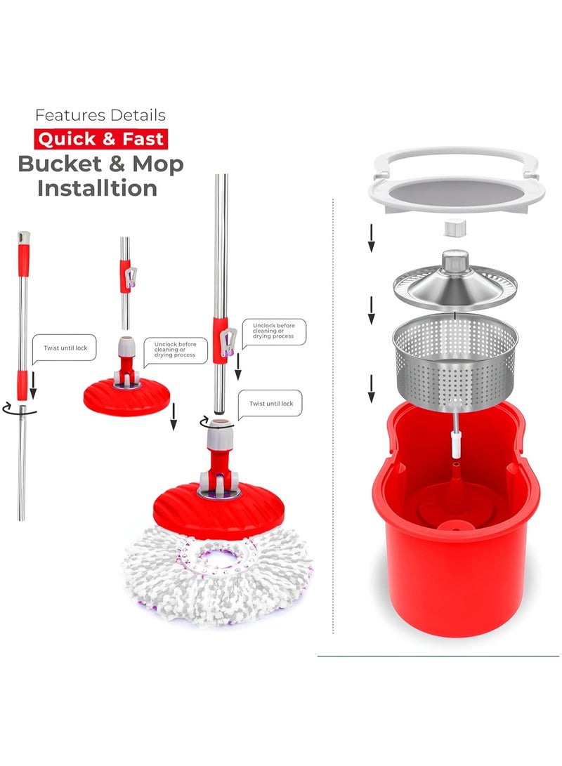 مخطوطات ممسحة تنظيف الأرضيات، ممسحة دوارة من الفولاذ المقاوم للصدأ مع دلو، عصر يدوي بدون استخدام اليدين، مقبض تلسكوبي، رأس ممسحة دوار 360 درجة، عبوات قابلة لإعادة الاستخدام 45 × 26 × 23 سم، أحمر - Image 2