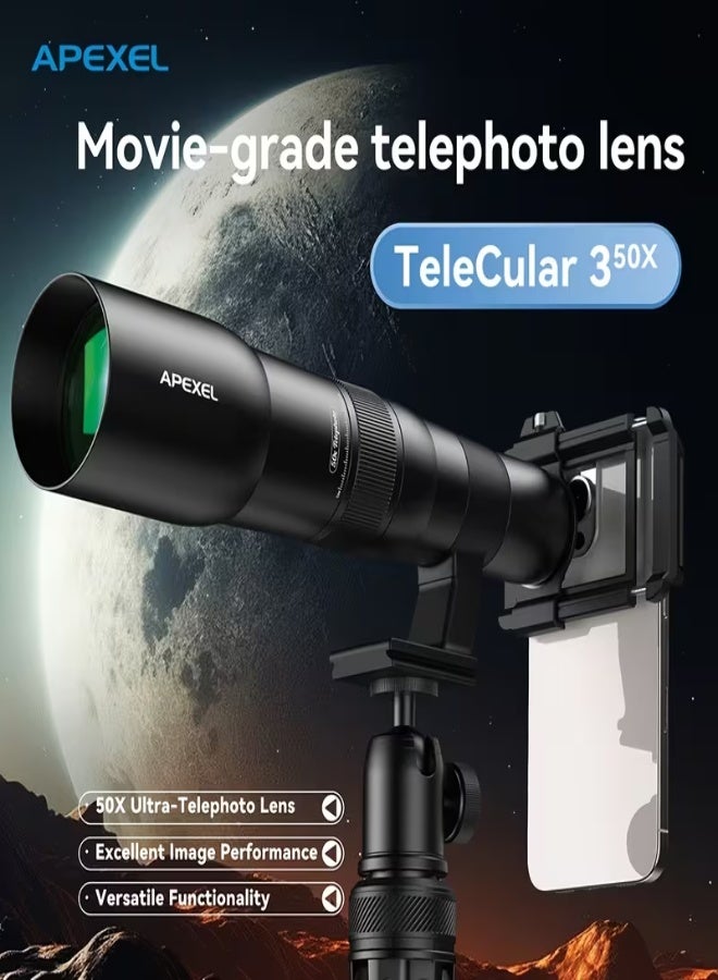 Apexel 50X Mobile Phone Monocular – HD Telephoto Lens with 55.5mm Objective, Tripod & Phone Clip, Aluminum Alloy, Large Field of View, Professional Lens for Stargazing, Concerts, Wildlife Observation, Compatible with iPhone & Other Smartphones - Image 3