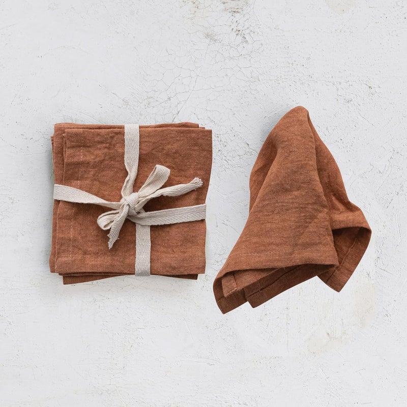 Creative CoOp 10 Inches Square Stonewashed Linen Cocktail Party and Kitchen Use Rust Color Set of 4 Napkin Orange - Image 2
