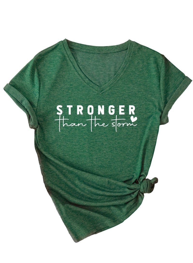 Stronger Than The Storm V Neck Short Sleeve Top Inspirational Positive Quotes Graphic Shirt - Image 1