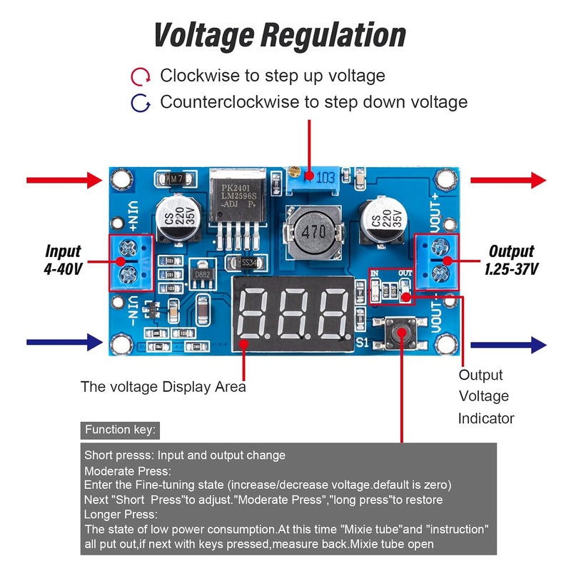 JTAREA LM2596 LM2596S DC-DC Buck Converter Voltage Regulator Adjustable 4.0-40V to 1.25-37V 2A Power Supply Module with LED Voltmeter Display (Pack of 2) - Image 3