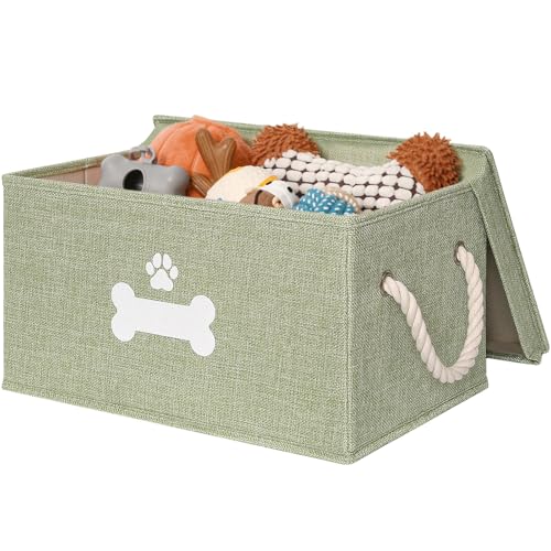 GreenPetopia Dog Toy Basket with Lid Dog Basket for Toys Dogs Toy Box with Cotton Rope Handles Collapsible Storage Bins for Pet Toys Dogs Storage Organizer Green - Image 1